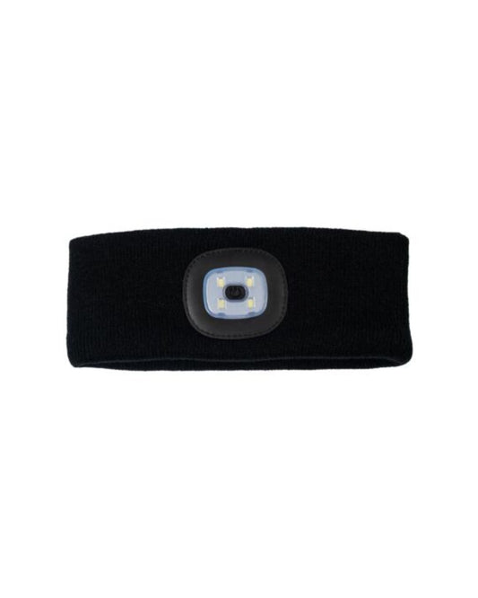 HKM Black headband with a built-in LED light on a white background