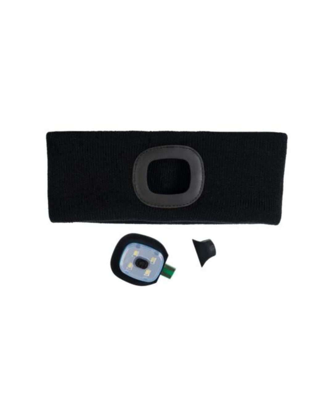 Black headband with a LED Light on a white background