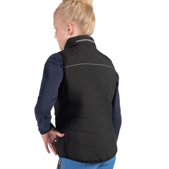 Child wearing HKM Childrens Black heated vest with logo on a white background equestrian fashion outfitters
