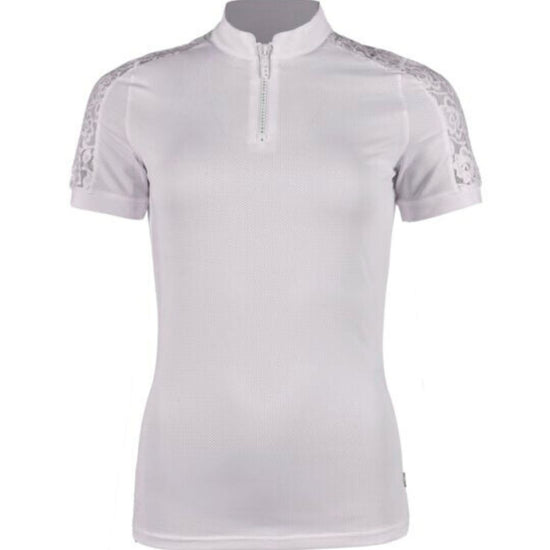 White equestrian top with lace sleeves and bling zipper on white background
