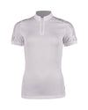White equestrian top with lace sleeves and bling zipper on white background