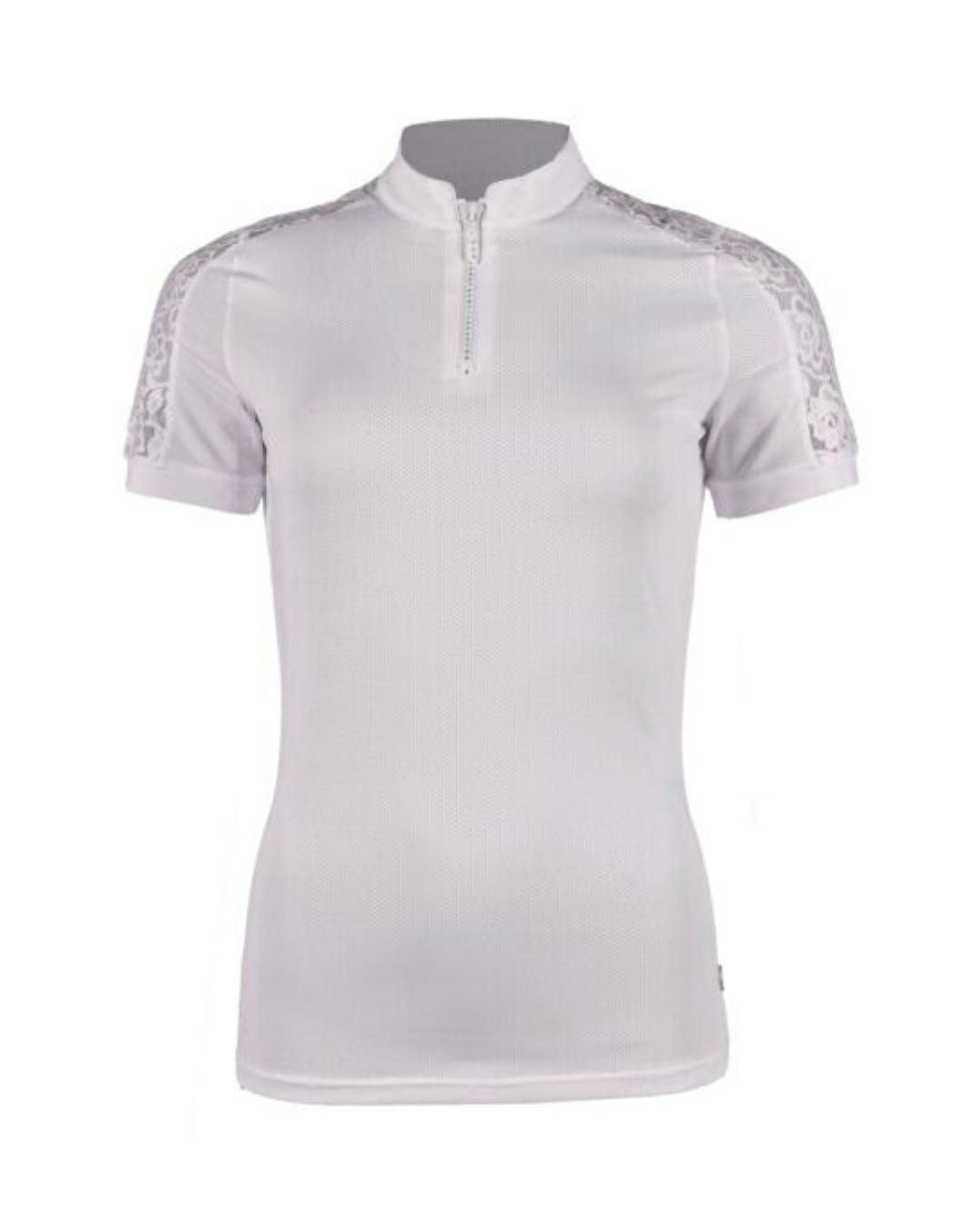 White equestrian top with lace sleeves and bling zipper on white background