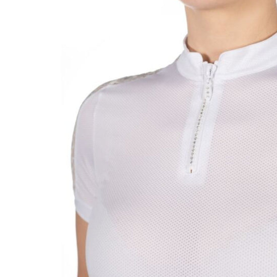 White equestrian show shirt with a zipper on a white background