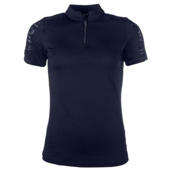 Navy Blue equestrian top with lace sleeves and bling zipper on white background