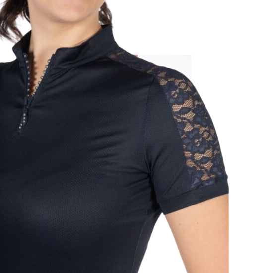Navy Blue equestrian top with lace sleeves and bling zipper on white background
