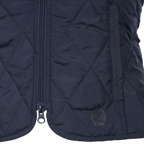 Navy quilted jacket with a brand logo on a white background