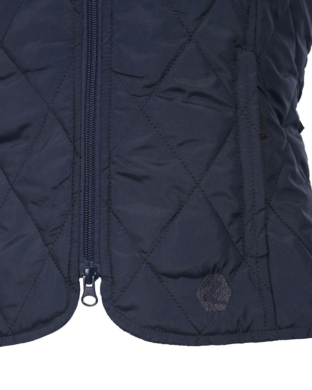Navy quilted jacket with a brand logo on a white background