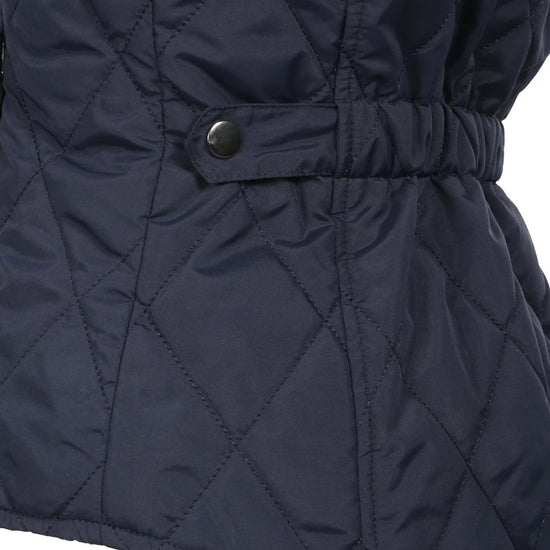 Navy quilted jacket with a snap on a white background