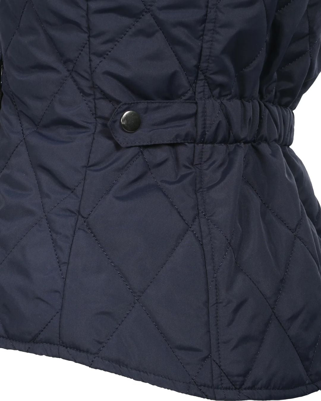 Navy quilted jacket with a snap on a white background