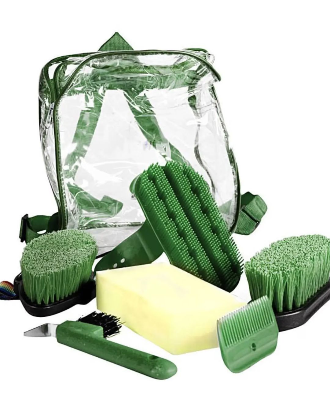 Set of green grooming tools including brushes and a bag on a white background