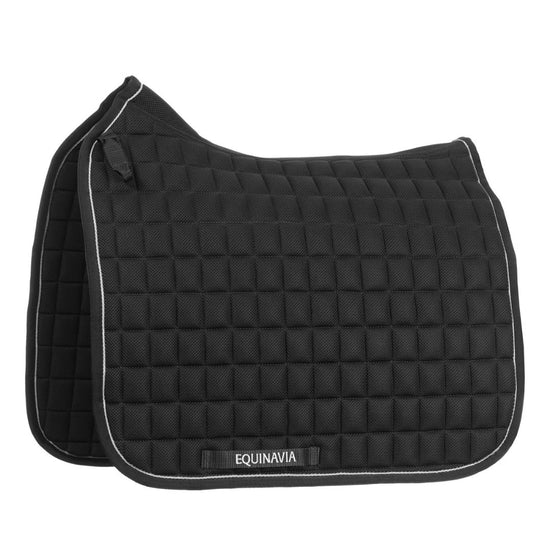 Black quilted saddle pad with 'Equinavia' branding on a white background
