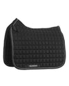 Black quilted saddle pad with 'Equinavia' branding on a white background