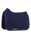 Navy blue quilted saddle pad with 'Equinavia' branding on a white background