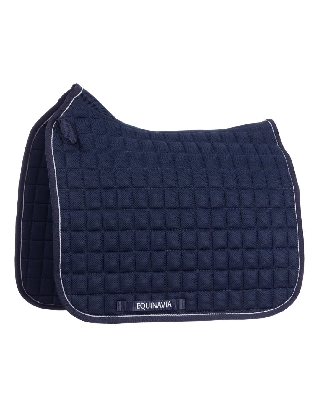 Navy blue quilted saddle pad with 'Equinavia' branding on a white background
