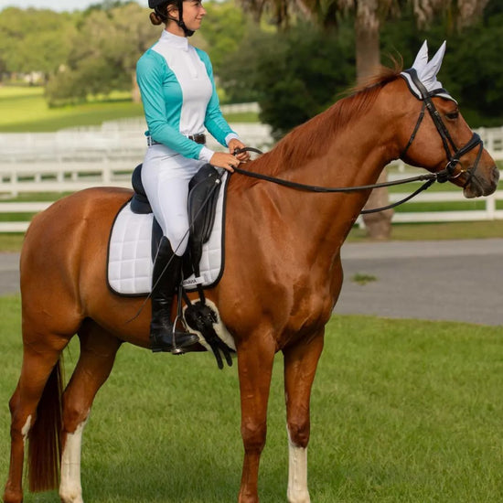 Person riding a brown horse with a white saddle pad