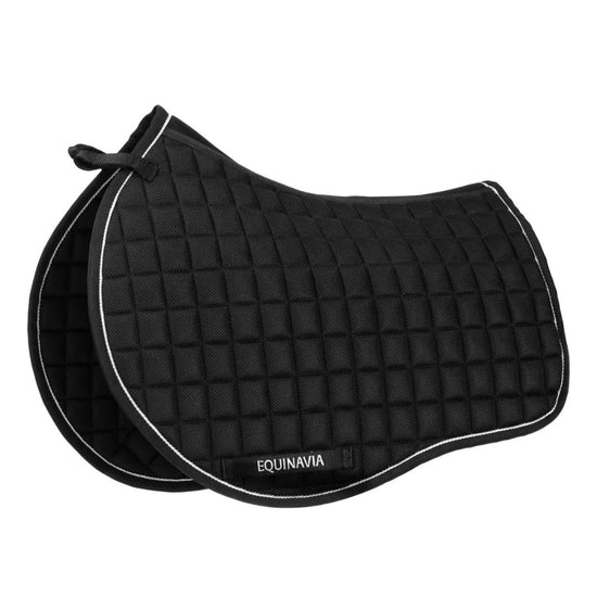 Black quilted saddle pad with white trim on a white background