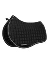 Black quilted saddle pad with white trim on a white background