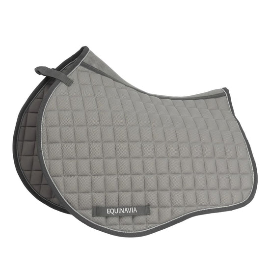 Gray quilted saddle pad with 'Equinavia' branding on a white background