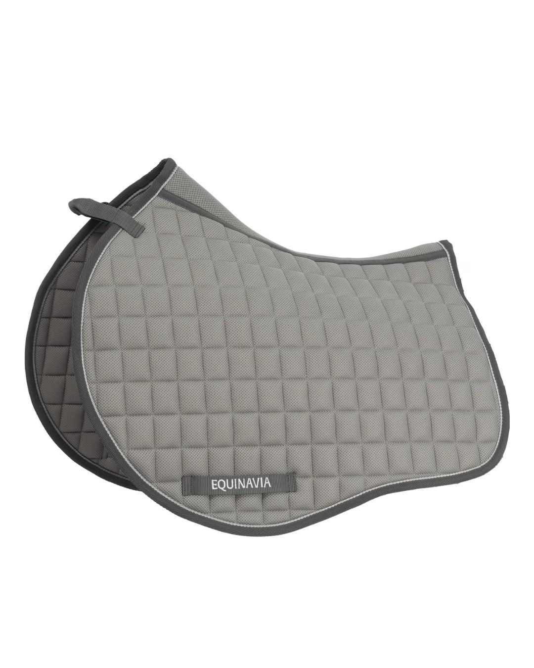 Gray quilted saddle pad with 'Equinavia' branding on a white background
