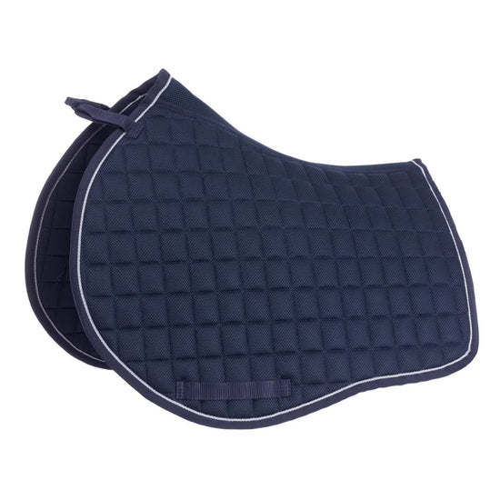 Navy blue quilted saddle pad with white trim on a white background
