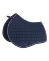 Navy blue quilted saddle pad with white trim on a white background