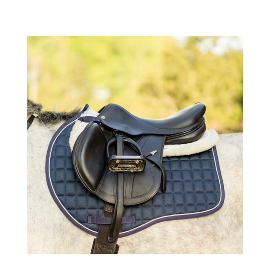 Saddle on a horse with a blue Equinavia saddle pad