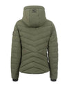 Green puffer jacket with a hood on a white background
