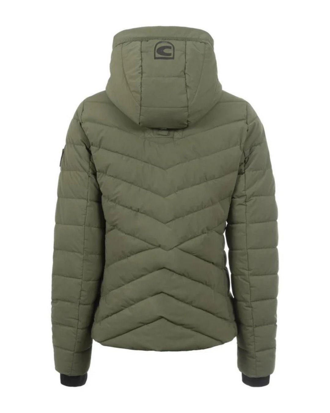 Green puffer jacket with a hood on a white background
