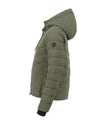 Green puffer jacket with a hood on a white background