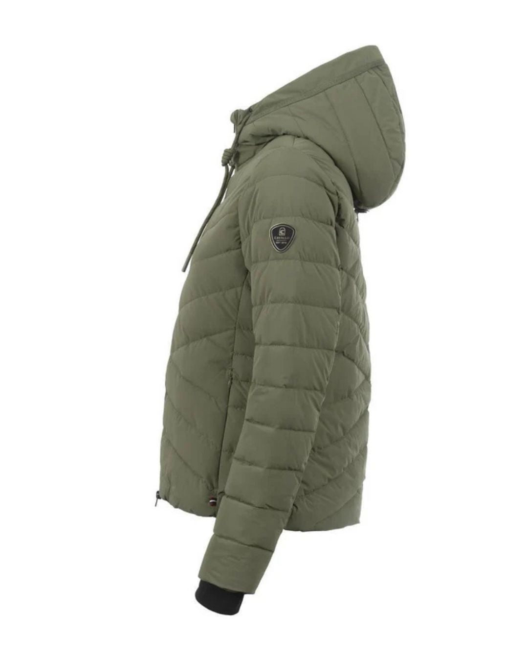 Green puffer jacket with a hood on a white background
