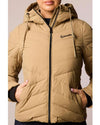 Beige puffer jacket with a brand logo on a neutral background