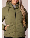 Green puffer jacket with brand logo on a neutral background