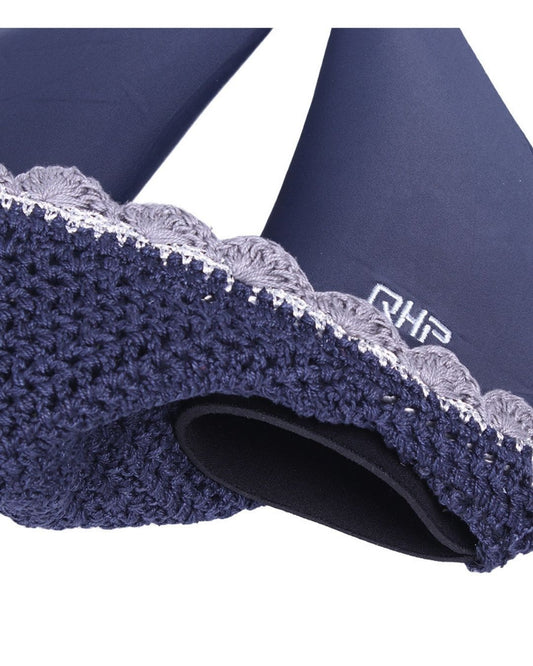 Navy blue lace-trimmed fly veil ear bonnett inserts with 'qhp' branding on a white background equestrian fashion outfitters