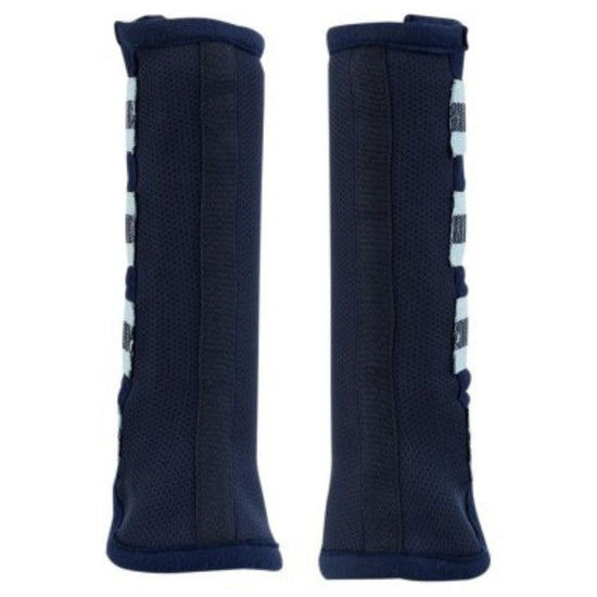 Pair of black protective horse leg wraps fly boots with white stripes on a white background equestrian fashion outfitters