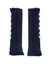Pair of black protective horse leg wraps fly boots with white stripes on a white background equestrian fashion outfitters