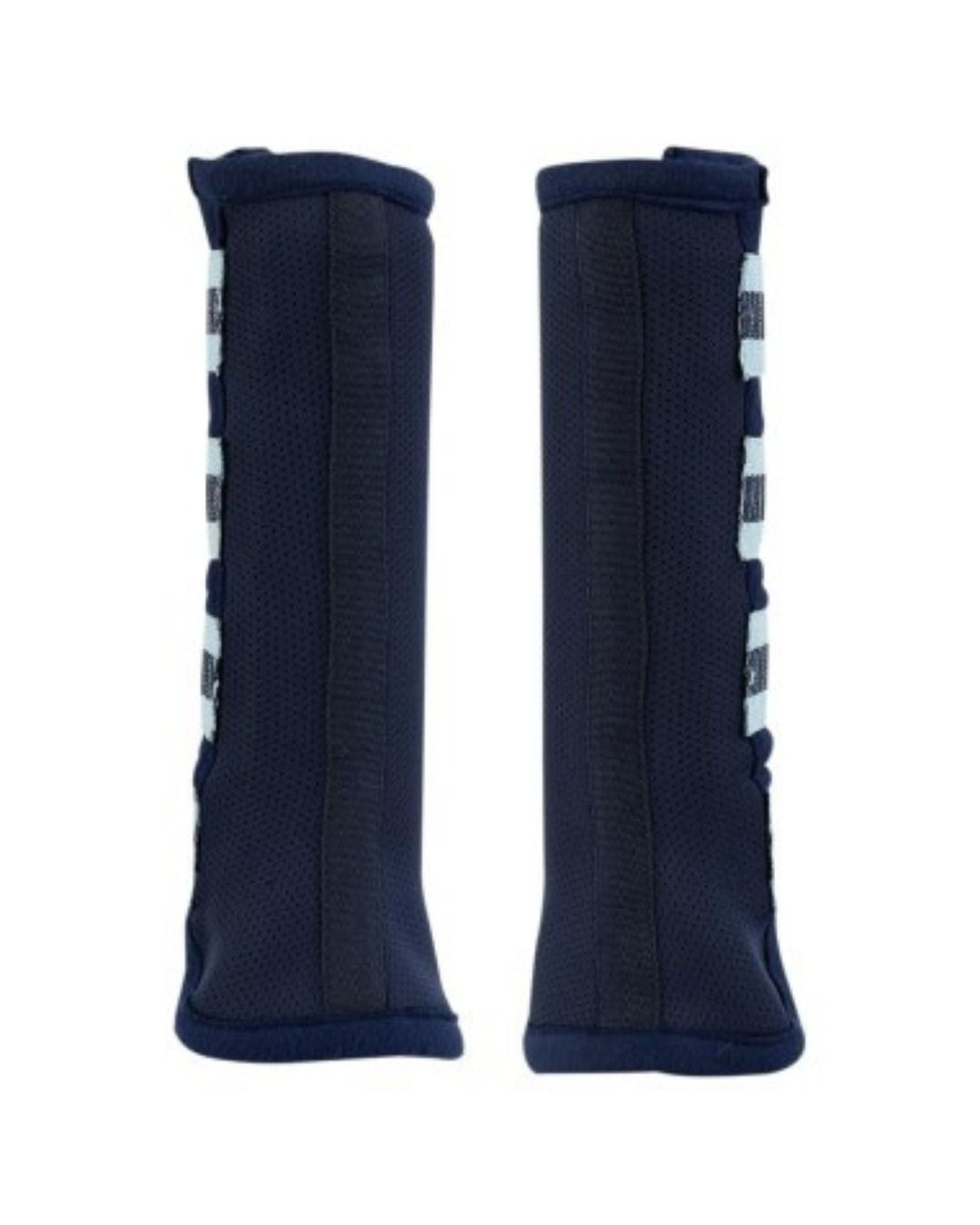 Pair of black protective horse leg wraps fly boots with white stripes on a white background equestrian fashion outfitters