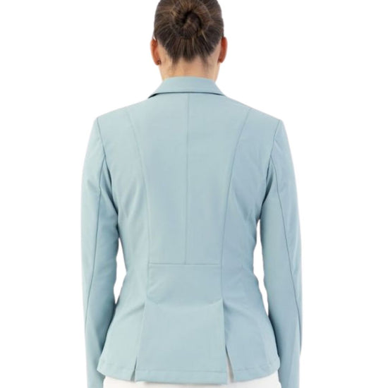 Woman wearing a light blue blazer show jacket Kendra on a white background equestrian Fashion Outfitters