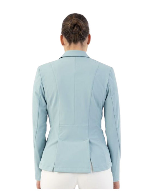 Woman wearing a light blue blazer show jacket Kendra on a white background equestrian Fashion Outfitters