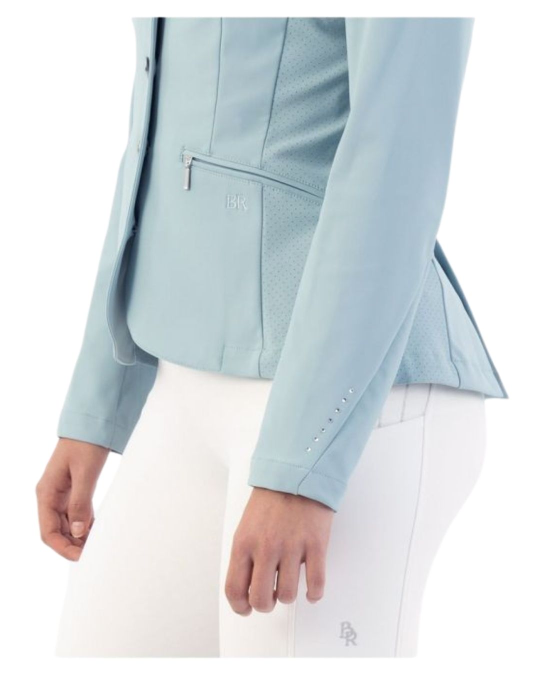Woman wearing a light blue blazer show jacket Kendra on a white background equestrian Fashion Outfitters