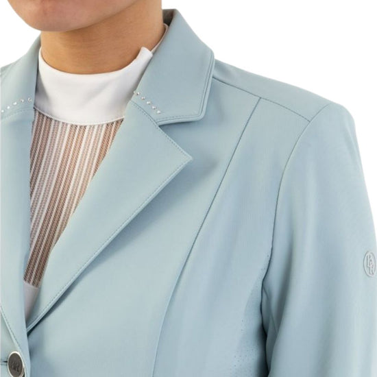 Woman wearing a light blue blazer show jacket Kendra on a white background equestrian Fashion Outfitters