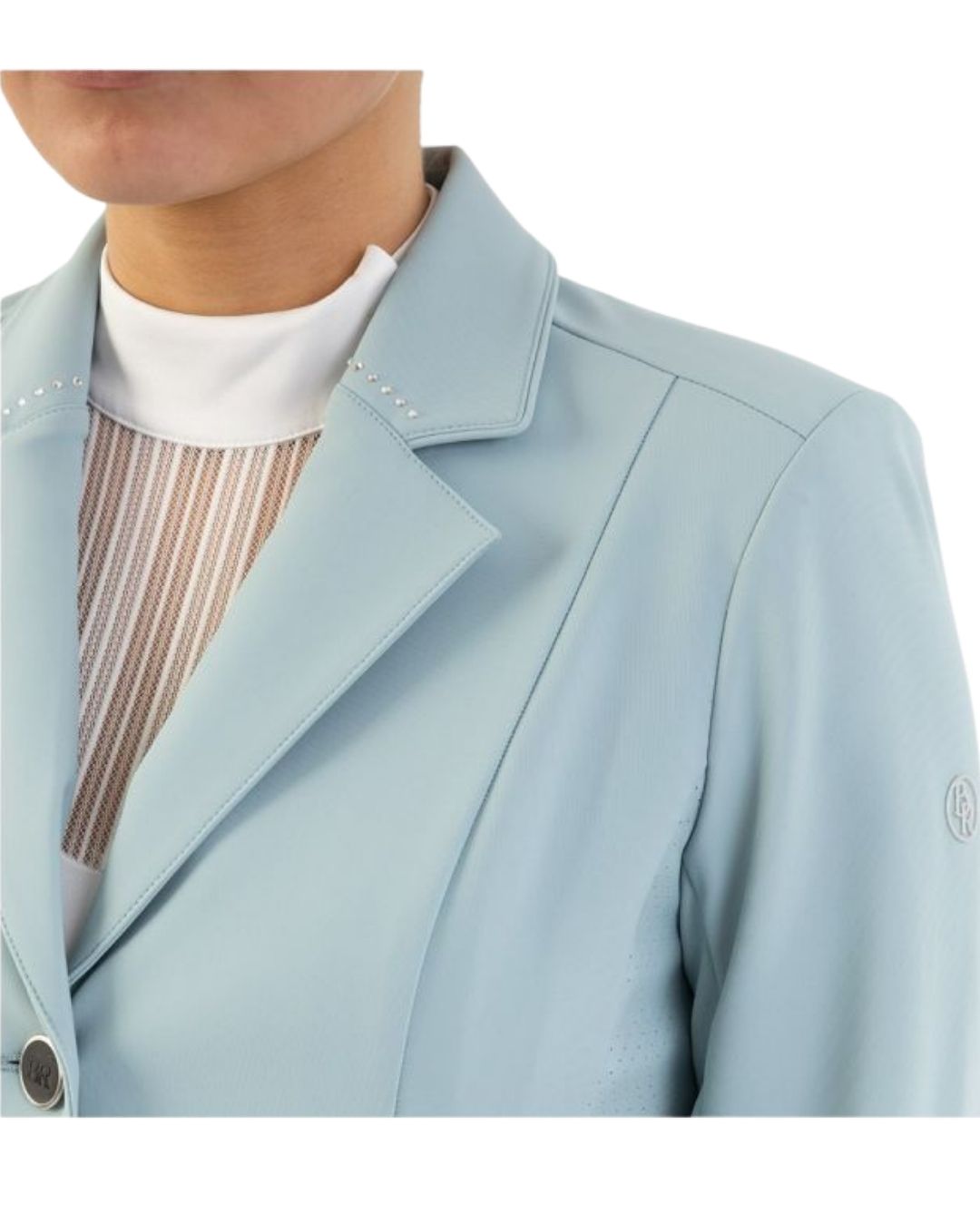 Woman wearing a light blue blazer show jacket Kendra on a white background equestrian Fashion Outfitters