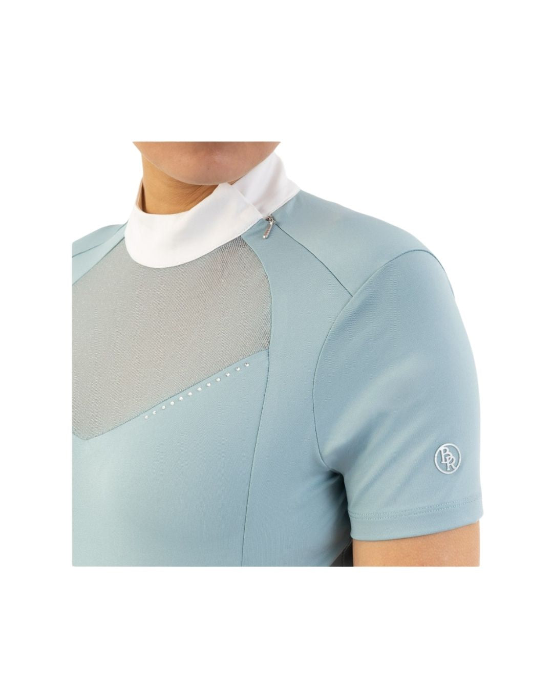 Woman wearing a light blue top with mesh panels BR Koosje on a white background Equestrian Fashion Outfitters