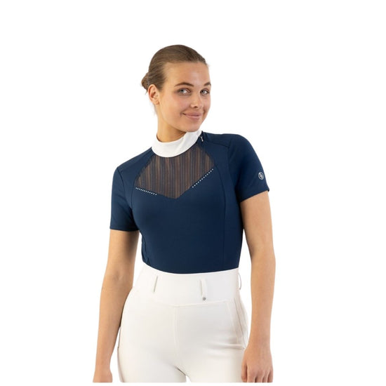 Woman wearing a navy equestrian shirt with a white collar and mesh detail BR Koosje on a white background equestrian fashion outfitters