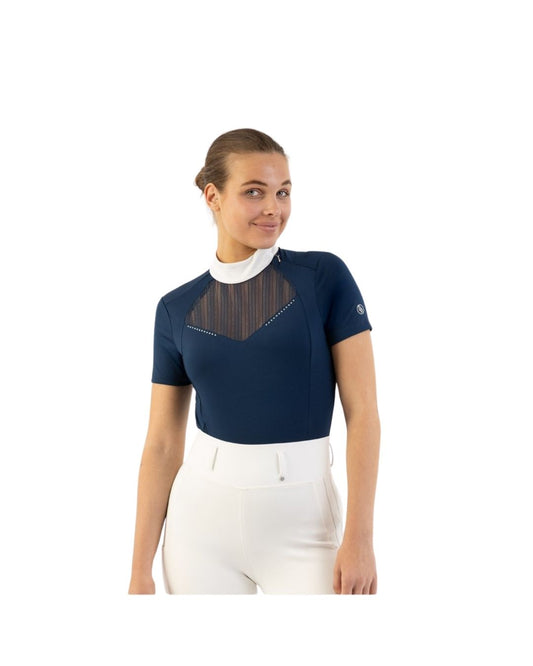 Woman wearing a navy equestrian shirt with a white collar and mesh detail BR Koosje on a white background equestrian fashion outfitters