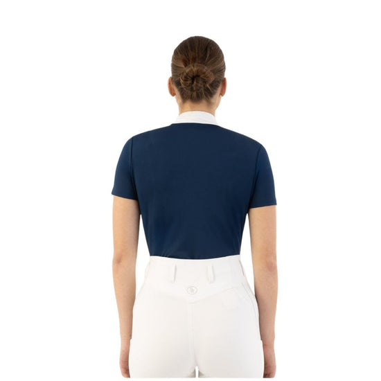 Woman wearing a navy equestrian shirt with a white collar and mesh detail BR Koosje on a white background equestrian fashion outfitters