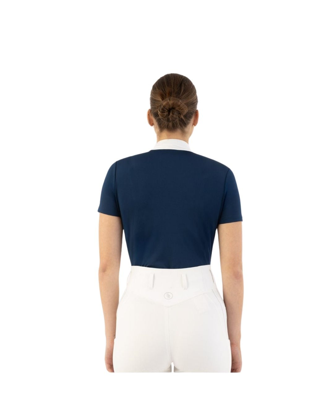 Woman wearing a navy equestrian shirt with a white collar and mesh detail BR Koosje on a white background equestrian fashion outfitters