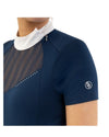 Woman wearing a navy equestrian shirt with a white collar and mesh detail BR Koosje on a white background equestrian fashion outfitters