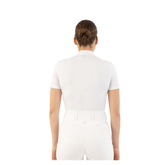 Woman wearing a white show shirt BR Koosje with sheer panels on a white background equestrian fashion outfitters