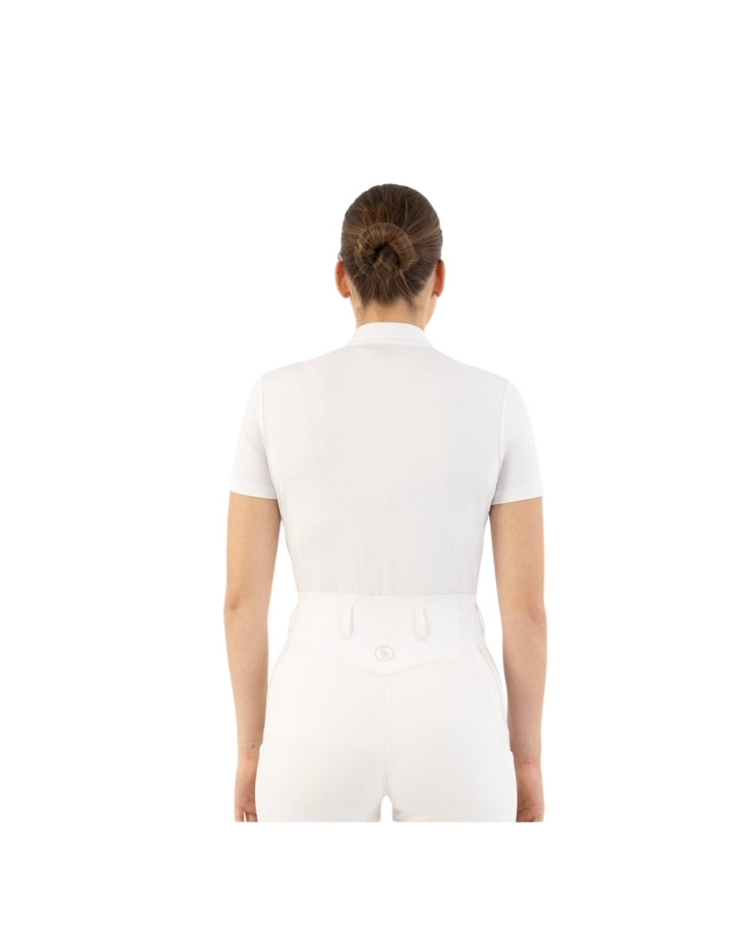 Woman wearing a white show shirt BR Koosje with sheer panels on a white background equestrian fashion outfitters