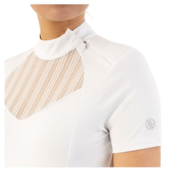 Woman wearing a white show shirt BR Koosje with sheer panels on a white background equestrian fashion outfitters
